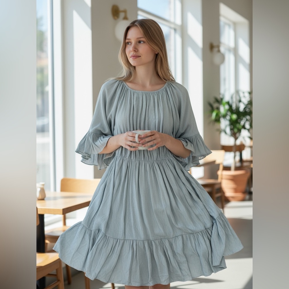 Elegant‎ Light Green Ruffle Sleeve Dress 100% Rayon Flowy Size Small Fairycore